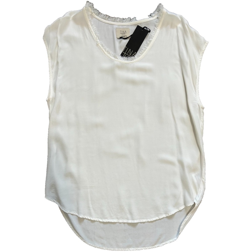 Tina Jo Boho Relaxed Top Size Small Ivory Fringe Neck Drape Sleeveless NWT